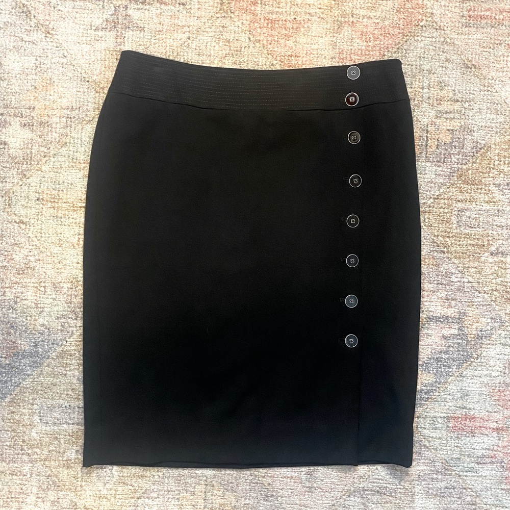 White House Black Market Assymetrical Button Front Black Pencil Skirt